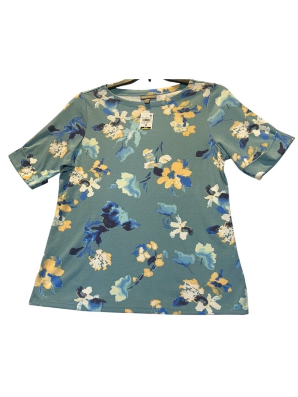 Style & Co Womens Plus Size 1X Floral Print Elbow Sleeve Top  Blue & Yellow